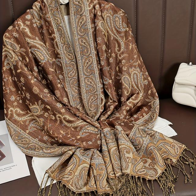 TEMU Plus Size, ' Plus Size Paisley Fringe Scarf Shawl - Vintage Middle Eastern Fringe Wrap Suitable For Winter , Cozy Elegant Scarves For Weather