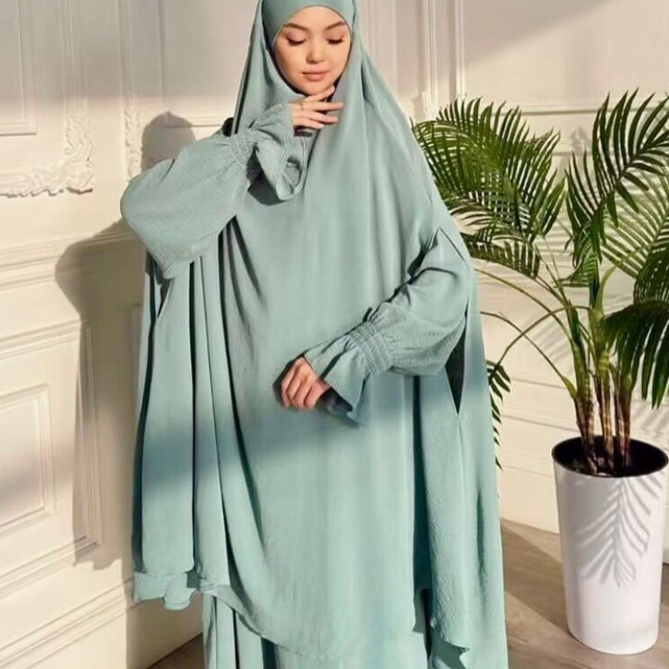 TEMU Dubai Midden- Losse Comfortabele Abaya met Hoofddoek en Lange Mouwen Jurk Tweedelige Set P403