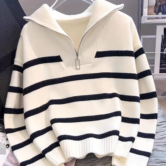 TEMU New Autumn-winter European And Contrast Color Striped Zipper Pullover Sweater Jacket