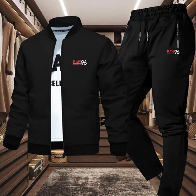 TEMU سترة دينيم رجالية عصرية بطبعة 96، مجموعة رياضية متعددة الاستخدامات من قطعتين