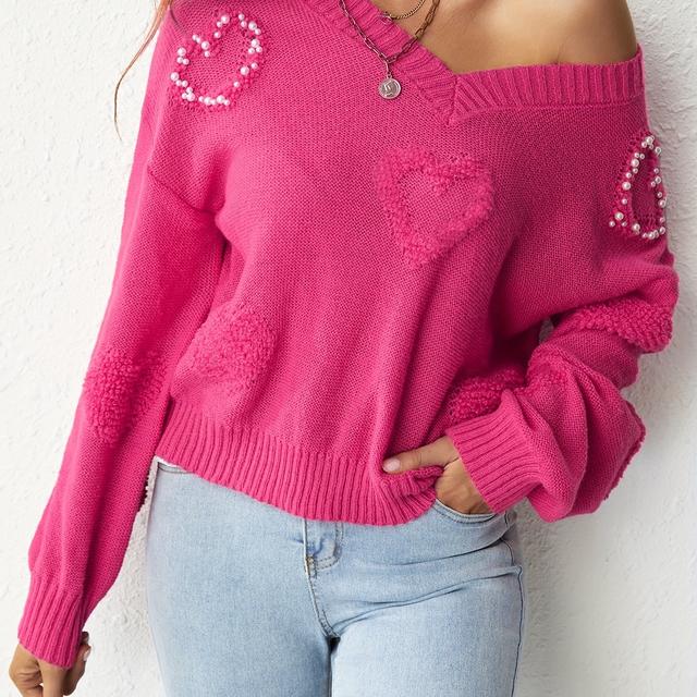 TEMU Beaded Heart V Neck Pullover Sweter, Casual Long Sleeve Drop Shoulder Sweter, Odzież Damska
