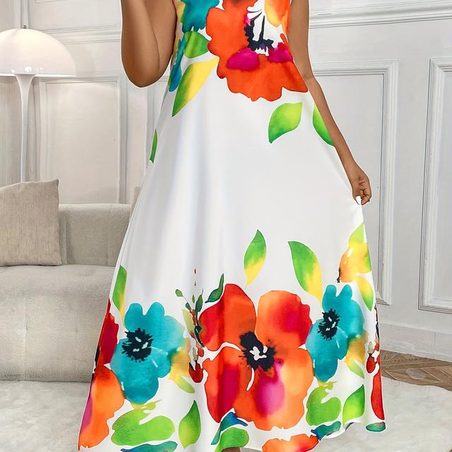TEMU Plus Size Floral Print Dress, Casual Sleeveless Loose Dress For , Women's Plus Size Clothing