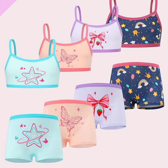 TEMU 4 Sets Of 8pcs Girls' Vest And Underwear Sets Featuring Cute Bow Patterns, Elastic And Comfortable Girls' Lingerie