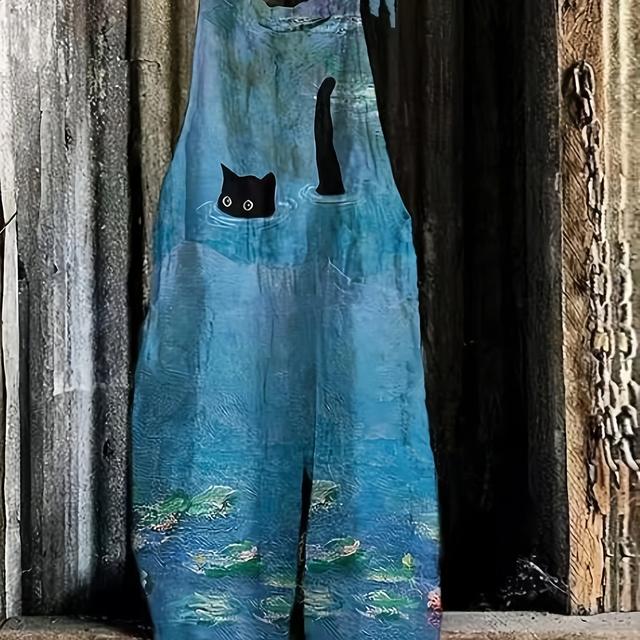 TEMU Women's Animal Print Cat Pattern Spandex Knit Overalls, , Blue, With Elastane, With Spaghetti Strap Collar And Bow Detail, For Spring/summer/fall