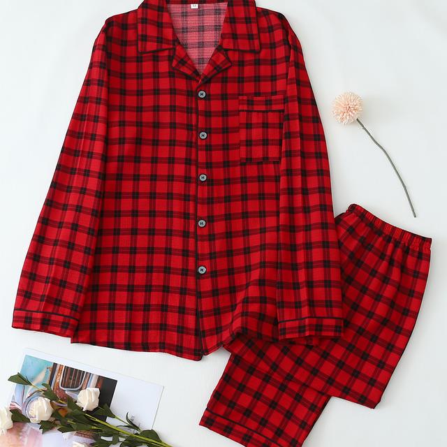 TEMU Conjunto de Pijama Casual para Hombre con Cuello Solapa y Botones, Manga Larga a Cuadros Rojos. Ideal para Todas ,