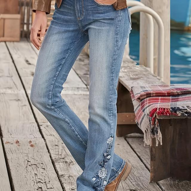 TEMU 26aw Women's Stretch Vintage Versatile Casual Fashion Elegant Mid-rise Pocket Machine Washable Durable Slim Fit Faded Gradient Embroidered Slightly Straight Jeans Street Style