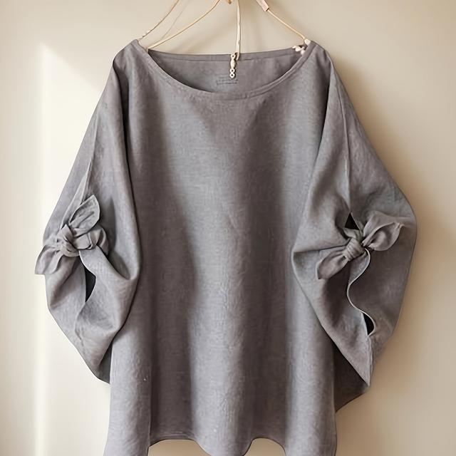 TEMU ヴィンテージ スモックドレス シャツカラーブラウス - ルーズフィット バットスリーブ＆ボウタイ、アヘム - トップ 春夏秋用、カジュアル＆ルウェア（洗濯機対応） - スモックボタン