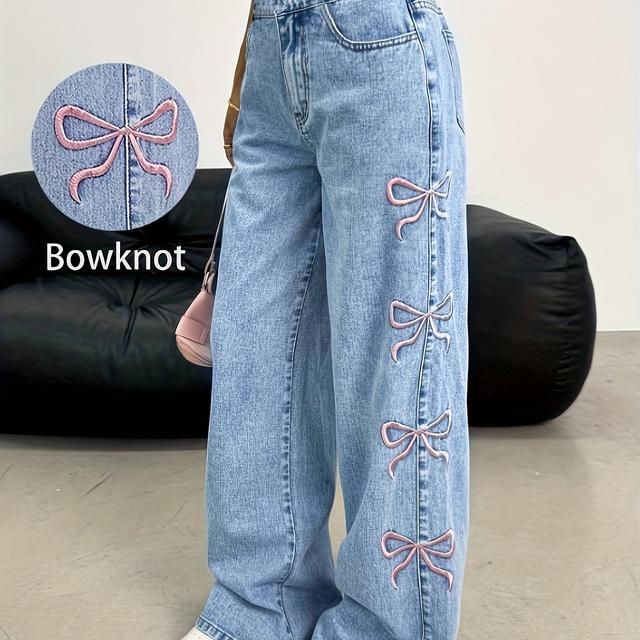 TEMU Y2k Teenage Girl Jeans, Pink Bow Embroidered Loose Straight-leg Denim Pants, Elastic Waist Comfortable Daily Breathable Fabric, Suitable For Festivals And Occasions, Fashionable To Wear In All