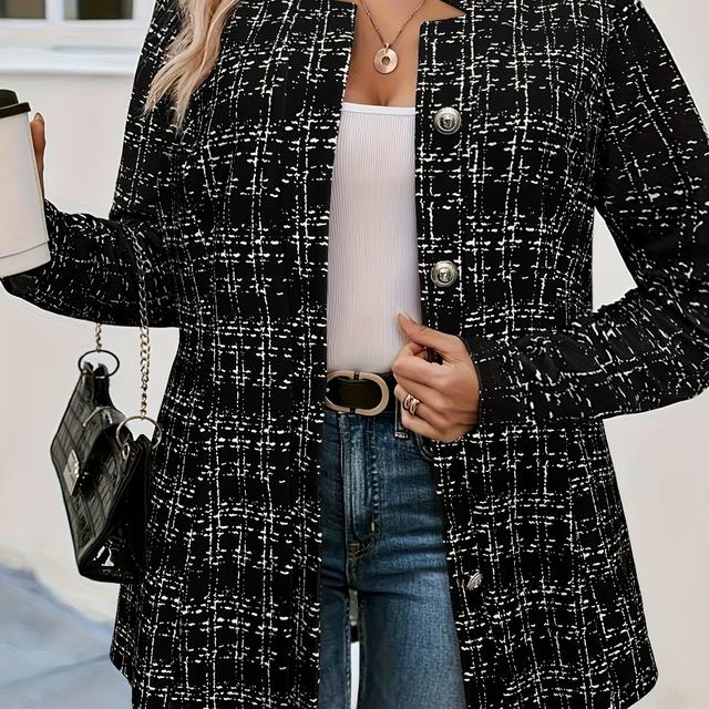 TEMU Plus Size - Directional Commuting Casual Versatile Collarless Elastic Waist Printed Mid-length Coat