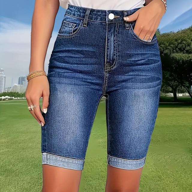 TEMU Women's High- Shorts With Casual Rolled Hem And Straight Leg, Summer Bermuda Denim Shorts