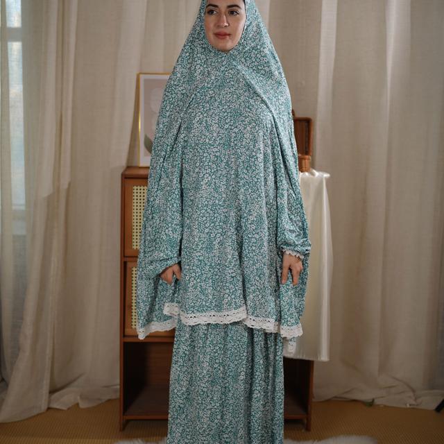 TEMU طقم رداء صلاة تقليدي مطبوع بغطاء للرأس مكون من قطعتين للنساء المسلمات في ، التنورة العلوية 80 سم، التنورة السفلية 105 سم