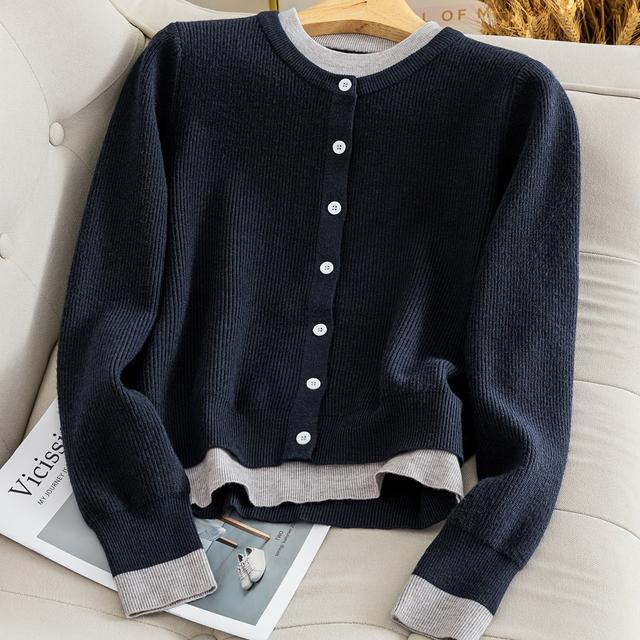 TEMU 여성용 캐주얼 투톤 가디건 - 네이비 블루 & 그레이, 긴 소매, 버튼업, 라운드 넥, 가을/겨울 컬렉션, 캐주얼 의상용 편안한 니트웨어, 편안한 가디건 | 버튼업 가디건 | 품질 좋은 여성용 가디건, 가을 옷
