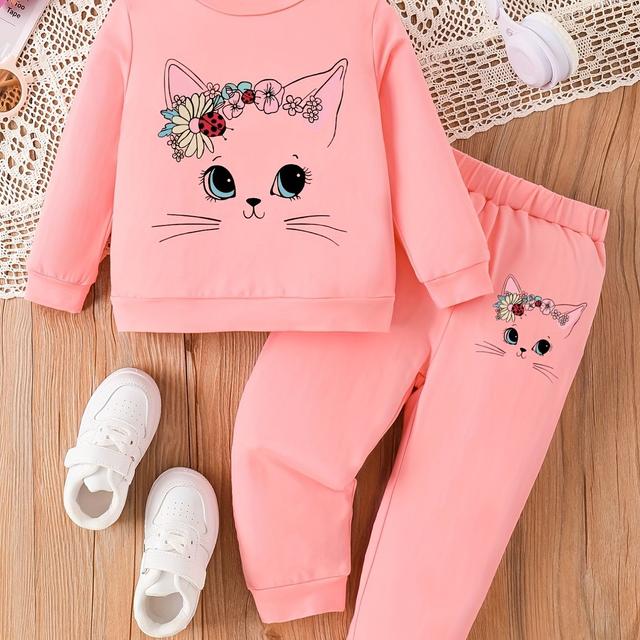 TEMU Spring/autumn Baby Girl's Cute Cartoon Cat Print Long Sleeve Top & Pants Set - Pink With Floral , Soft Polyester, Perfect For Outdoor