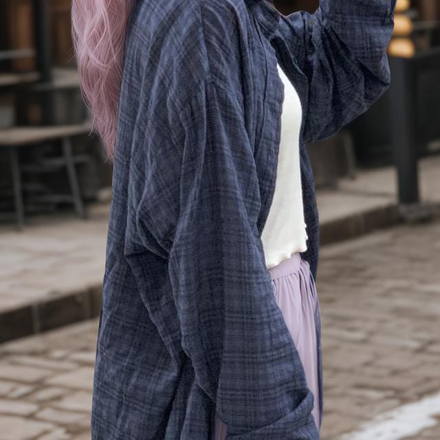 TEMU Plus Size, 2024 Plus Size Damen Navy Blau Kariert Lockerer Mantelhemd Dünne Jacke