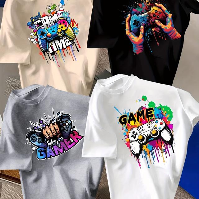 TEMU 4 Stück Sommer-Kurzarm-Shirts – Astronauten-Druck Weltraum-Themen Outdoor-Spielkleidung, Maschinenwaschbare Rundhals-Casual-Oberteile mit Raumanzügen für Spieltermine (4er-Pack)