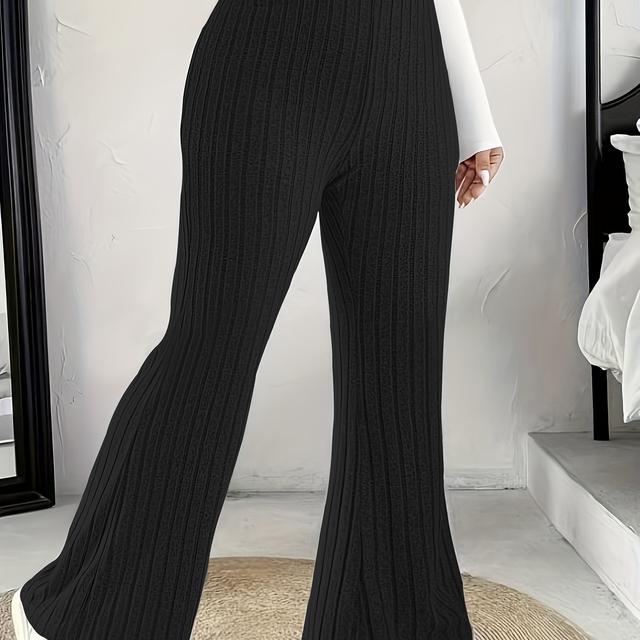 TEMU Pantalon évasé élégant à rayures pour femmes, 95 % polyester 5 % élasthanne, tissu tricoté toutes , extensibilité moyenne, 210 g/m² - Pantalon patte d'éléphant décontracté grande taille