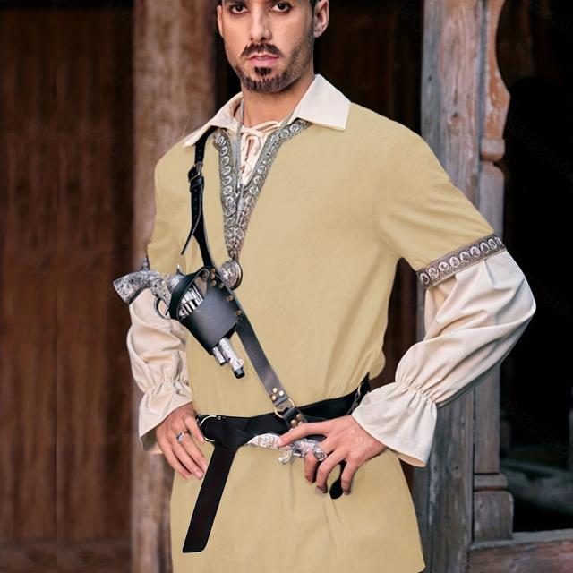 TEMU Men's Pirate Costume With A Solid Color Belt Made Of Polyester, Featuring A V-neck, Non-stretch Half Sleeves, And A Mid-length Design