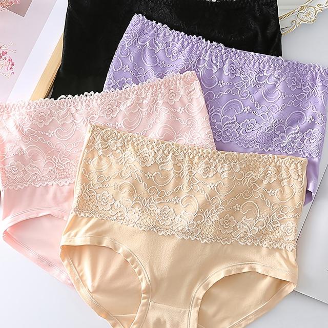 TEMU 4-pack Elegant High-waisted Plus-size Briefs, Nylon 90% Spandex 10% Knit Fabric With Contrast Lace Detail, Solid Color, Slight Stretch, Fit Panties