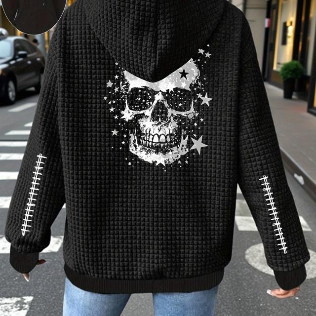 TEMU Plus Size, Plus Size Women's Elegant Hooded Jacket With Skull & Stars Graphic Print, Waffle- Zipper Front Long Sleeve Coat, Machine Washable Casual Outerwear