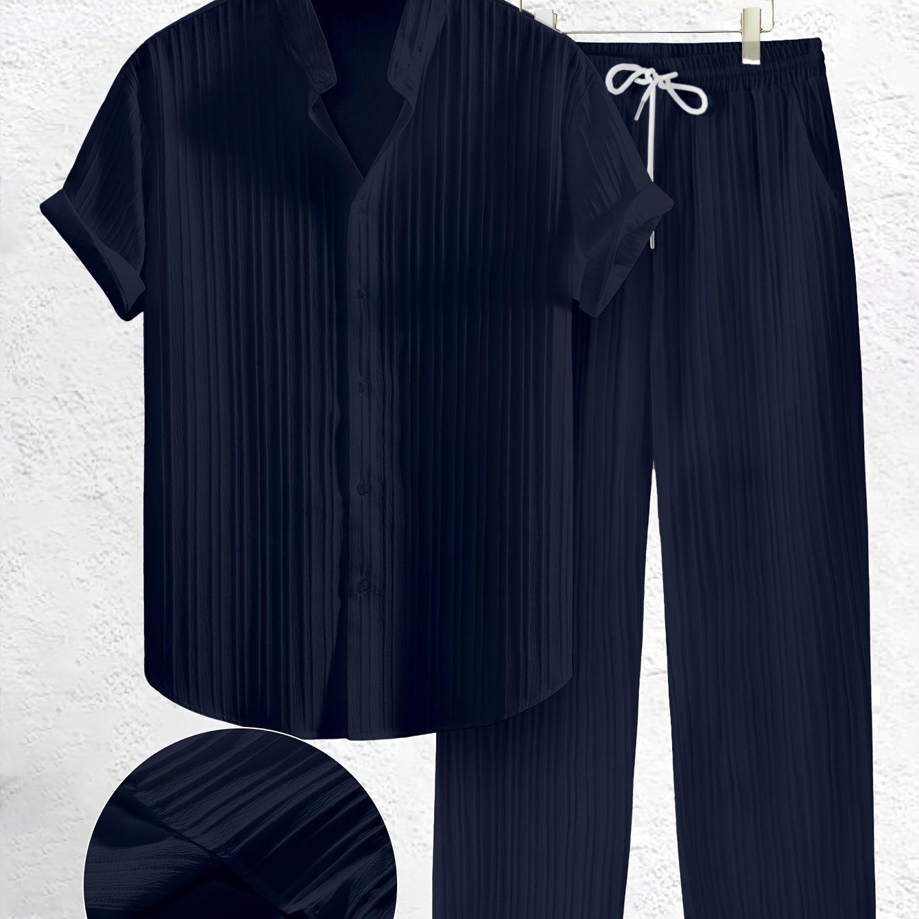 TEMU Large Size Men' Solid Color Casual Suit, Button Henley Collar Short Sleeve Shirt And Drawstring Elastic Waist Casual Pants 2pcs Set, Textured Fabric, Suitable For Spring And Summer, Plus Size