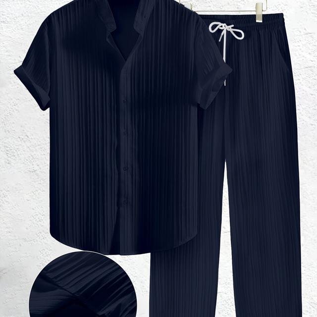 TEMU Large Size Men' Solid Color Casual Suit, Button Henley Collar Short Sleeve Shirt And Drawstring Elastic Waist Casual Pants 2pcs Set, Textured Fabric, Suitable For Spring And Summer, Plus Size