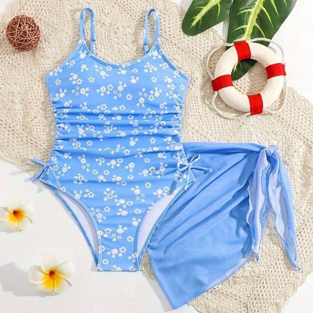 TEMU Girls Student Small Leisure Floral One-piece Swimsuit Wrapped Yarn 2pcs Set