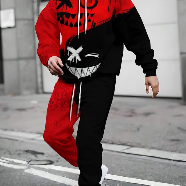 TEMU 3d Hoodie Set, Polyester Casual Party Hooded Sweatshirt & Pants, Slight Stretch Knit Fabric, Patterned Print, Regular Fit, 230g/㎡, Plus Size