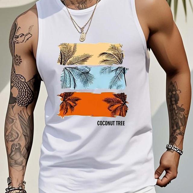 TEMU Men's Coconut Tree Vest - Sleeveless, Breathable Cotton, Summer Casual Fitness Wear, Crew Neck, White