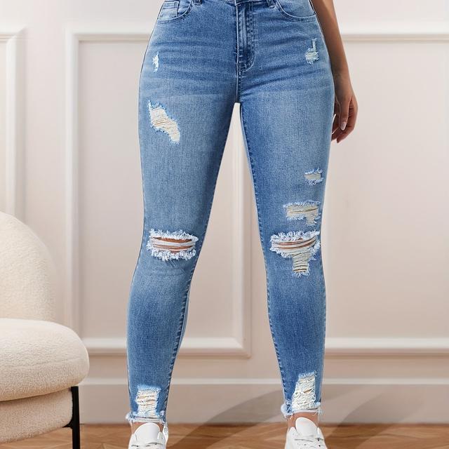 TEMU Women' Blue Ripped Skinny Jeans - High-stretch Distressed Denim, Slim Fit Casual Pants With Hem, Mid-rise, Machine Washable