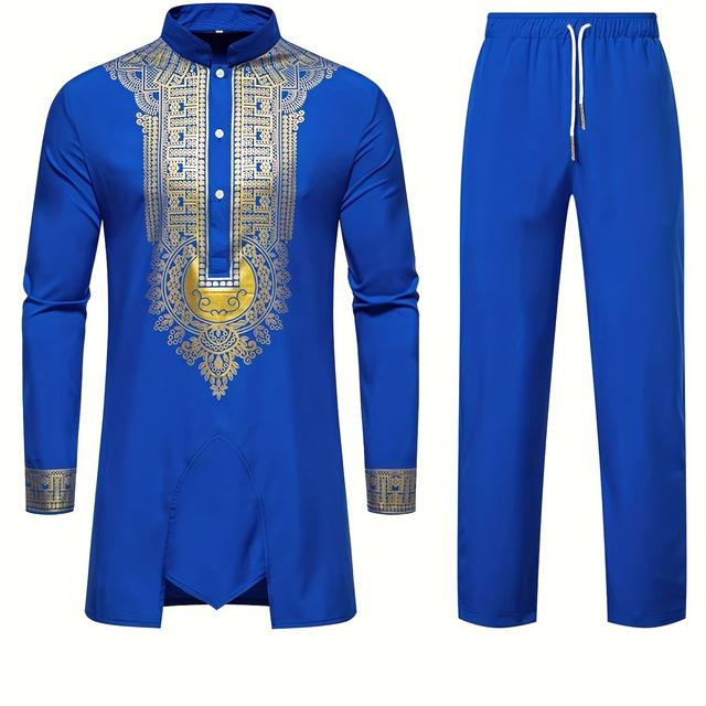 TEMU 2024 New European And American Men's Ethnic Style Long Robe Outfit With Long Sleeve Shirt