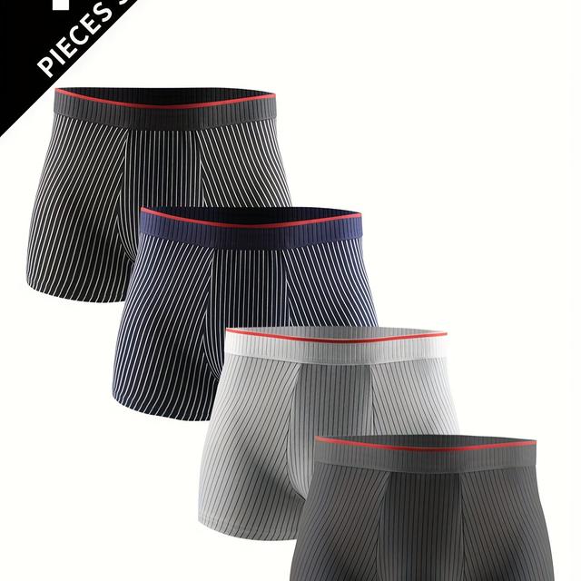 TEMU 4pcs Men's Breathable Comfortable Stretch Boxer Briefs, Fashionable Versatile Underwear, Sports Shorts, Large Size Striped - Red Trim Belt, Ice Silky Fabric, Cool For Daily & Casual Wear