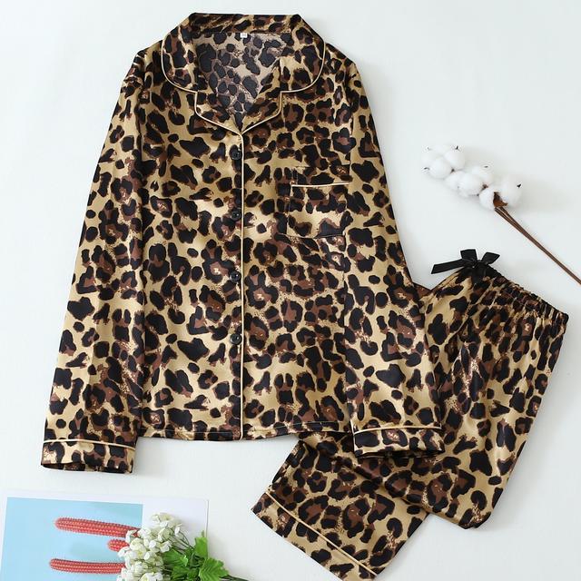 TEMU Stylish Leopard Textures Pajama Set For Girls Teenage, Casual Loose Style Long Sleeved Lapel Tops And Pants, Comfortable Soft Pajamas Set