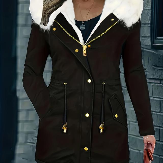 TEMU Plus Size - Plus Size - Directional Winter With Zipper Hooded Coat, Long Sleeve Pocket Drawstring