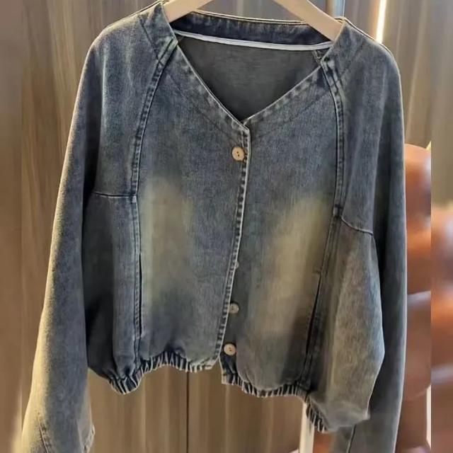 TEMU 酸洗加工 ダメージ加工 ヴィンテージグレー 伸縮性裾 ウエスト Vネック ノーカラー 長袖 通気性 音 ストリートウェア レディースデニムジャケット 春秋 薄手 カジュ ドトップス おしゃれなアウターウェア レトロスタイル ハイストリート