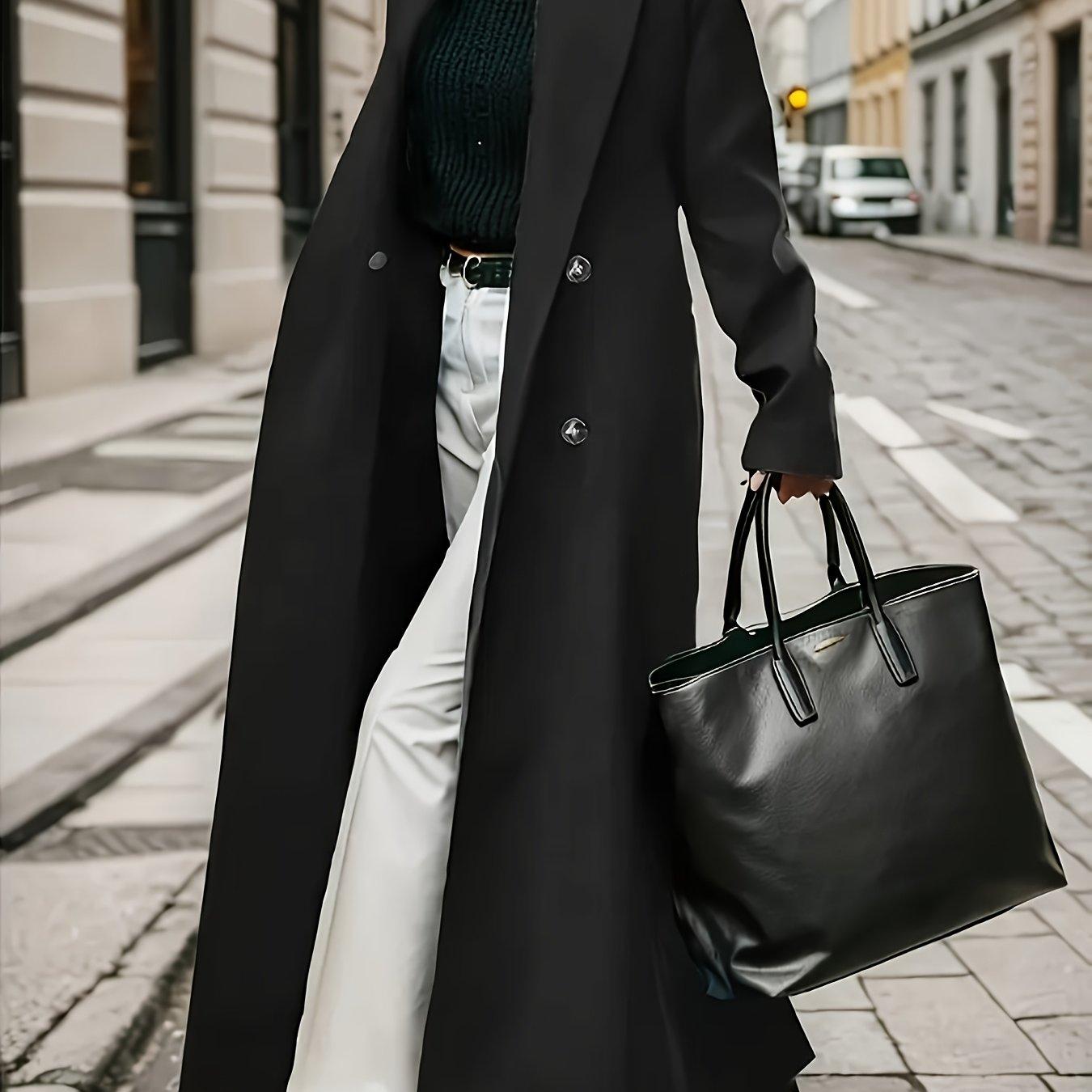 TEMU Elegant Style, Elegant Women's Long Coat - Fall Winter Fashionable Chic Solid Color Double-breasted Large Button Long Sleeve Side-pocket