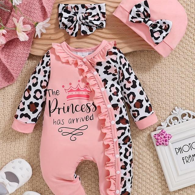 TEMU Rosa Leopardmuster Buchstaben-Strampler mit Hut für Babymädchen für Herbst und Winter, für Draußen