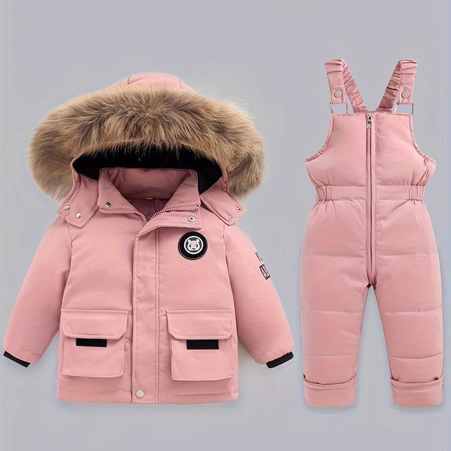 TEMU Boys' And Girls' Thickened Winter Suit For Outdoor Skiing, Warm Zip-up Clothing For , Suitable For Small To Medium , Windproof, Durable, And Cold-resistant Fabric With A Jacket And Overalls