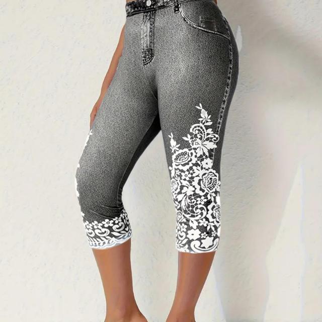 TEMU Plus Size, [Bedruckte Hosen - Kein Denim-Stoff] Damen Imitat-Denim Blumen 3D-Druck Leggings