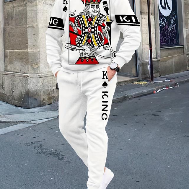 TEMU Casual Masculino, Moletom com Capuz e Calças com Estampa 3D, Tecido de Poliéster, Corte Regular, Adequado para Atividades de Lazer ao Ar Livre