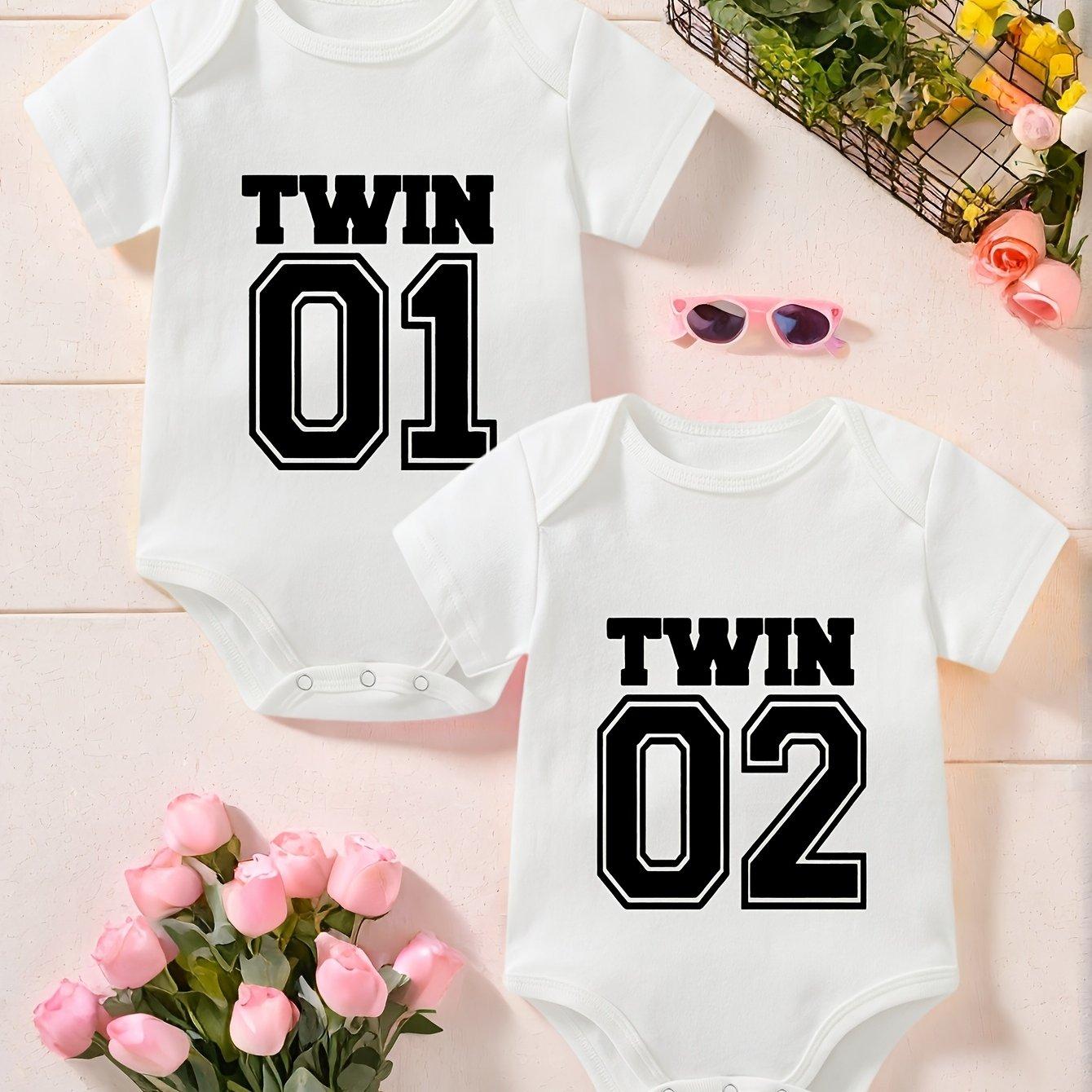 TEMU 2pcs Baby Outfit, Twin Baby Outfit 01, 02 Number Print Baby Triangle Romper Short-sleeved Round Neck T-shirt Twin Newborn Cute Birth Announcement Pregnancy Gift, Twin Fun Outfit, For Outdoor
