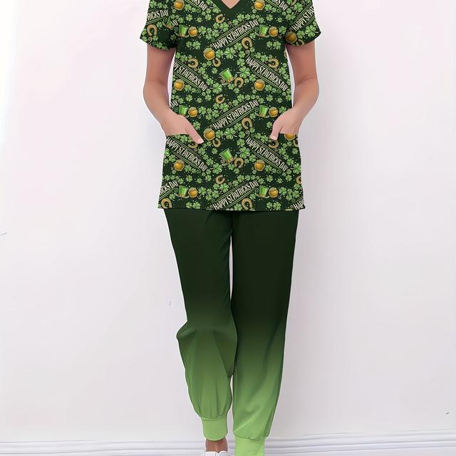 TEMU Conjunto de Dos Piezas para de - Cuello en V y Pantalones Mate, Estampado Festivo para Mujer