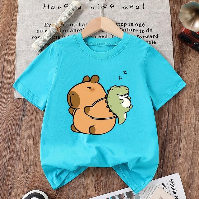 TEMU 100% Cotton ' Summer T-shirt - Cute Cartoon Capybara & Dinosaur Print, Light Purple Short Sleeve Tee, Soft & Comfortable Casual Top For