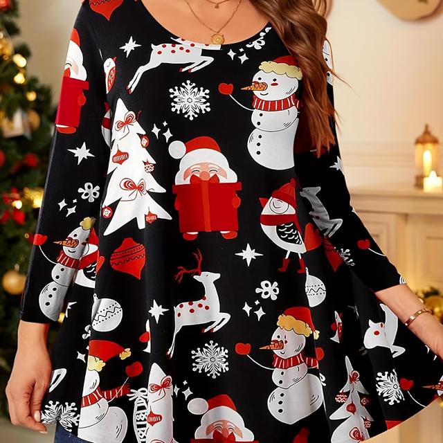 TEMU Plus Size - Plus Size - Plus Size T-shirt met lange mouwen, kerstprint en ronde hals