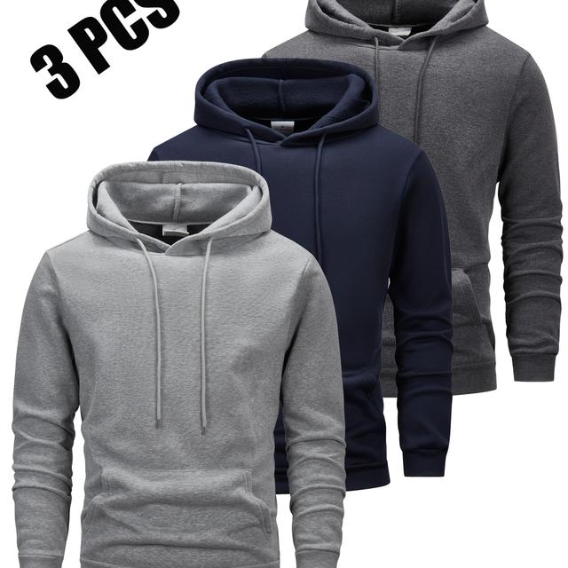 TEMU 3pcs Set Of Solid Color Men's Hooded Sweatshirts, Kangaroo , Fashionable And , Fall Winter Outdoor Hooded Athletic Wear