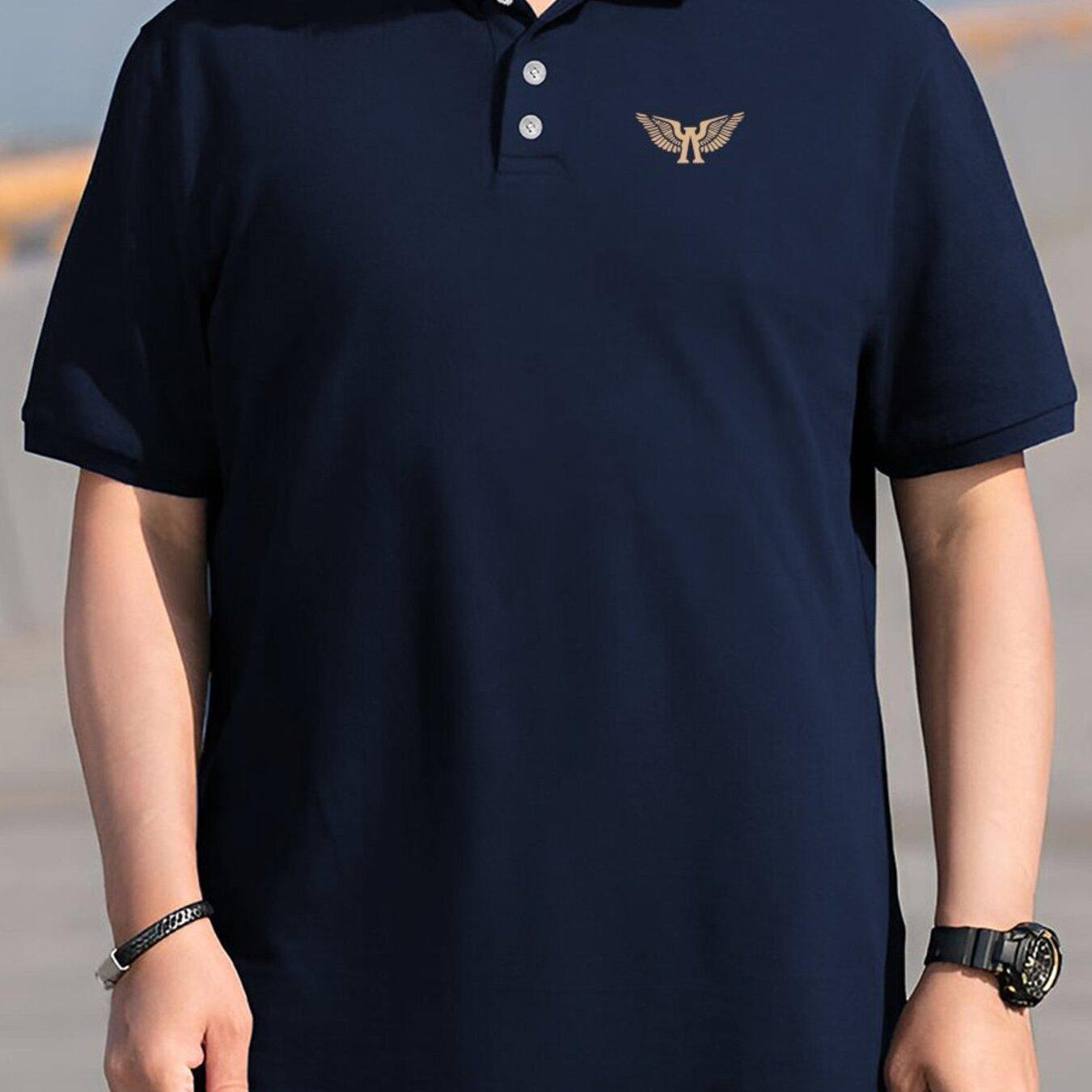 TEMU Men's Plus Size Short Sleeve Shirts With Embroidered Wings Pattern - Polyester Fabric With Slight Stretch, Regular Fit, Knit Collar Style For Business Casual Summer Wear