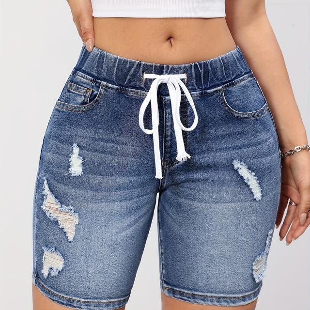 TEMU Drawstring Elastic Waist Ripped Denim Shorts, Whiskering Casual Slash Pocket Denim Shorts, Women's Denim Jeans & Clothing