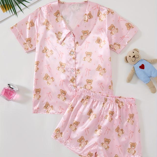 TEMU Girls' Cute Cartoon Bear & Bowknot Print Pajama Set, Polyester 100%, Non-stretch Woven Fabric, Lapel Collar, Regular Fit, Fire Retardant, Spring/summer/fall Sleepwear