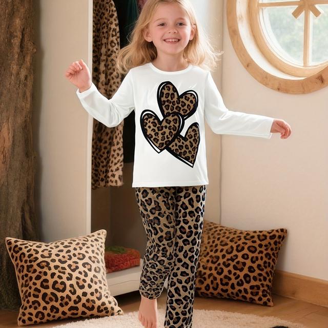 TEMU A Stylish Two-piece Pajama Set For Girls Featuring Long Sleeves And Long Pants With A Full Leopard Print Design, Perfect For
