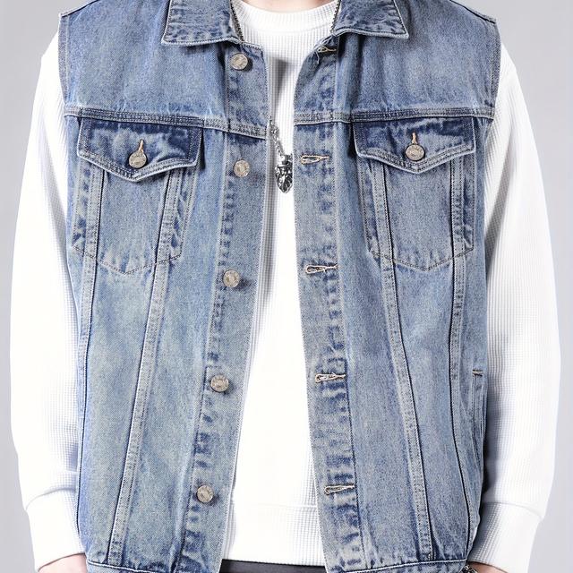 TEMU Lente en Herfst Dikke Heren Denim Jas Vest voor Middenouderen en Jongvolwassenen, Losse Pasvorm met een Lichtgekleurde High-End Merk Kraag Jas