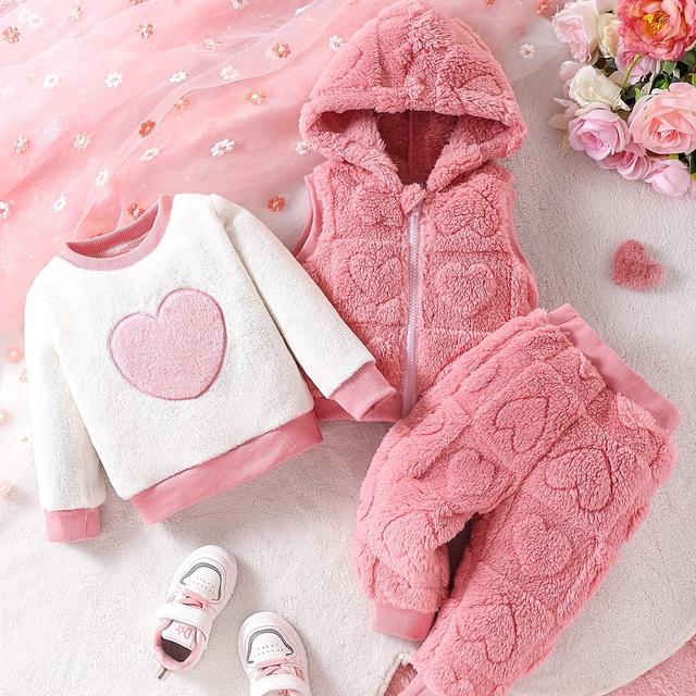 TEMU 3pcs Girls' Casual Jacquard Heart Plush Hooded Vest And Heart Embroidered Plush Pullover Top And Jacquard Heart Plush Drawstring Pants For Autumn/winter, Perfect For Outdoor